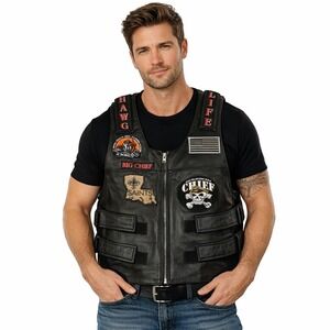 UNIK Leather Motorcycle Vest Men Large HarleyDavidson Patch LoneHawg BikerRiding